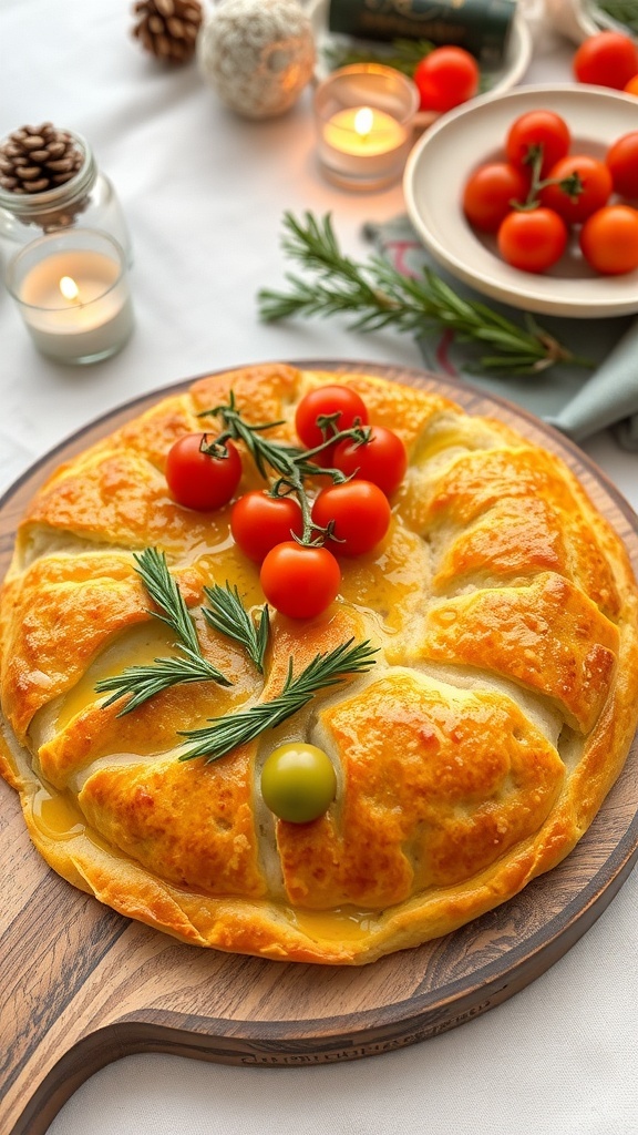 Festive focaccia bread art with colorful vegetable toppings on a rustic wooden board.